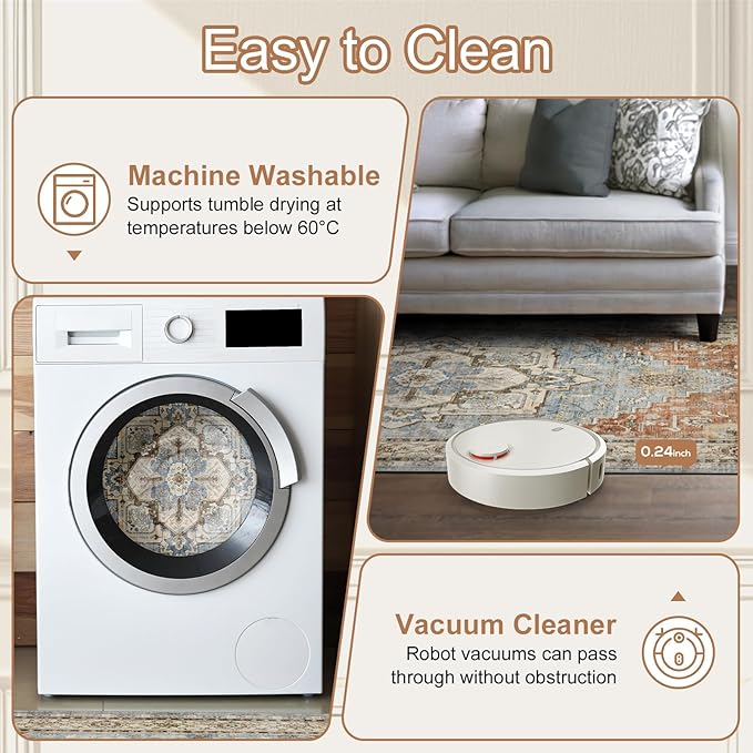 Area Rugs for Living Room 6x9 - Machine Washable Vintage Oriental Soft Rug, Low Pile Thin Floor Carpet with Non Slip Backing for Bedroom, Dorm, Under Dining Room Table, Indoor House, Office Decor