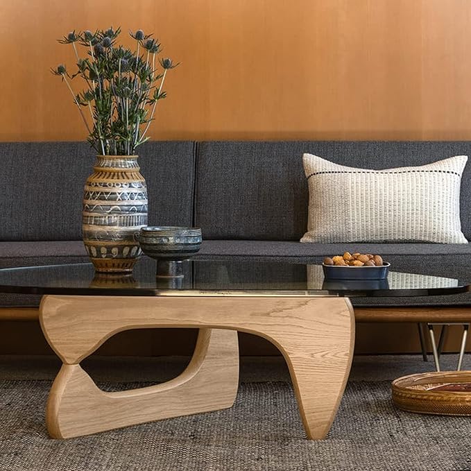 Mid Century Coffee Table Triangle Glass Coffee Table with Solid Wood Base and Thick Clear Glass Top Modern End Table for Living Room, Patio, Office, Light Walnut