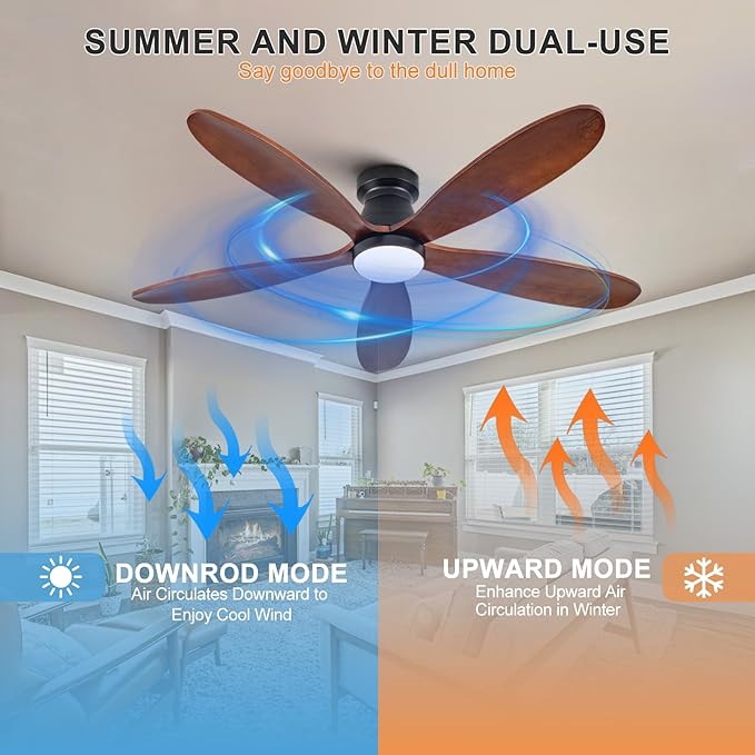 52 Inch Ceiling Fans with Lights and Remote, Low Profile Flush Mount Modern Wood Ceiling Fan with Light, 5 Blades, Dimmable, Wall Switch, Indoor Outdoor Black Ceiling Fan for Bedroom