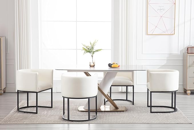 Faux Leather Dining Chairs Set of 3 Modern Barrel Arm Chairs with Black Metal Frame, Upholstered Kitchen Chairs 18.5" Wide Accent Chairs for Living Room Dining Room Restaurant, White