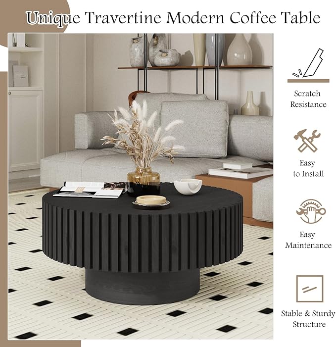 Fluted Coffee Tables 31.5" Round Wood Coffee Table Modern Handcraft Drum Coffee Tables with Sturdy Pedestal Unique Coffee Table for Living Room Home Office (Round Black)