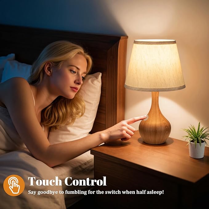Seealle Touch Table Lamps for Nightstand, 3-Way Dimmable Small Bedroom Lamps for Night Stands, Wood Bedside Lamps for Living Room, Kids Room, End Table(LED Bulb Included)