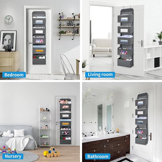 MAX Houser 5-Shelf Over The Door Hanging Organizer with 2 Metal Hooks，5 Pocket Over The Door Wall Mount Storage with Clear Windows for Baby Nursery Bathroom Closet,Bedroom,Dorm (Gray-2 Pack)