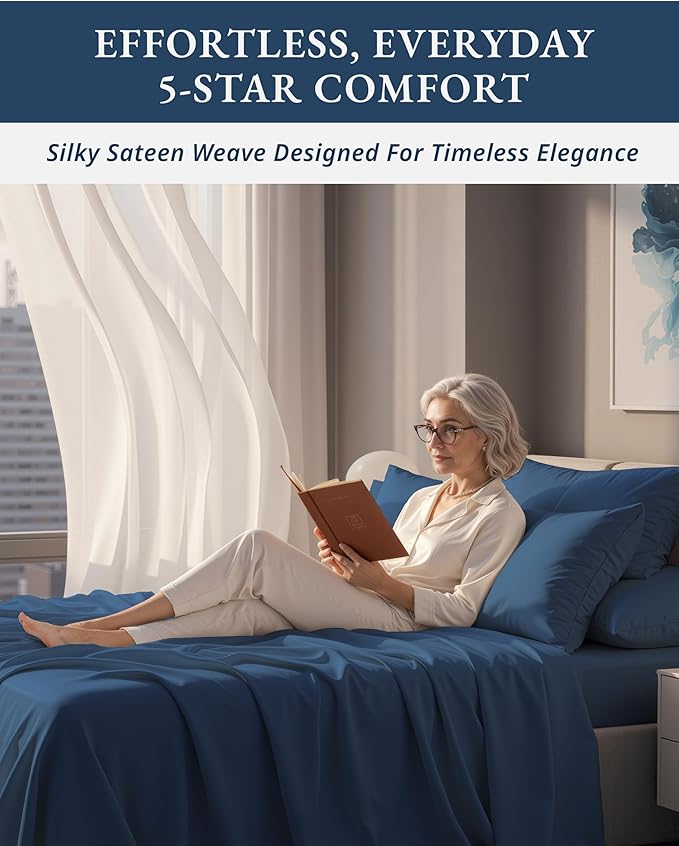 LANE LINEN 100% Egyptian Cotton Cal King Sheet Set, 15 inch Deep Pocket Fully Elasticized French Reinforced Pocket Seams for Soft, Comfy & Fresh Bed Eco Friendly Cooling Sheets - Estate Blue