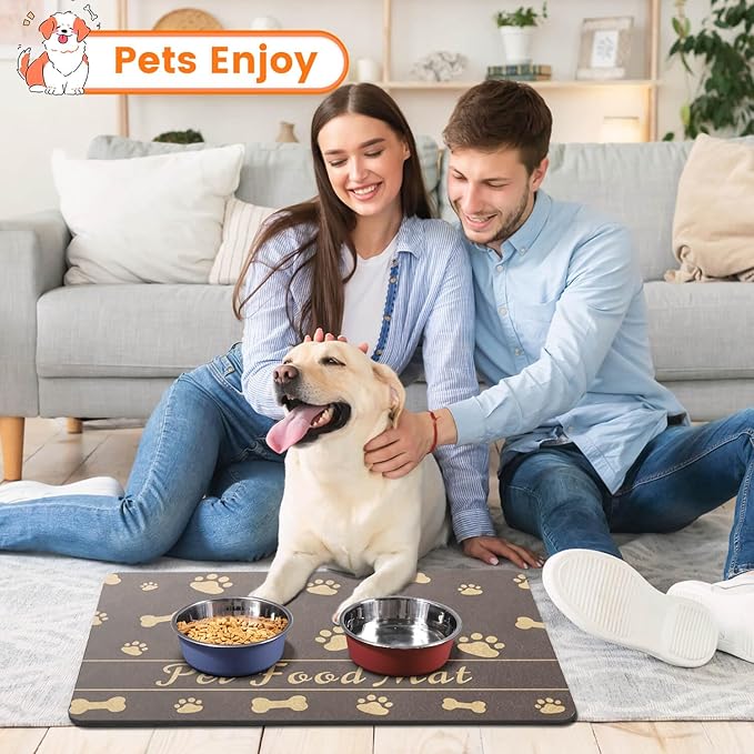 Pet Feeding Mat-Absorbent Pet Placemat for Food and Water Bowl, with Waterproof Rubber Backing, Quick Dry Water Dispenser Mat for Dog and Cat (12"x20", Brown)