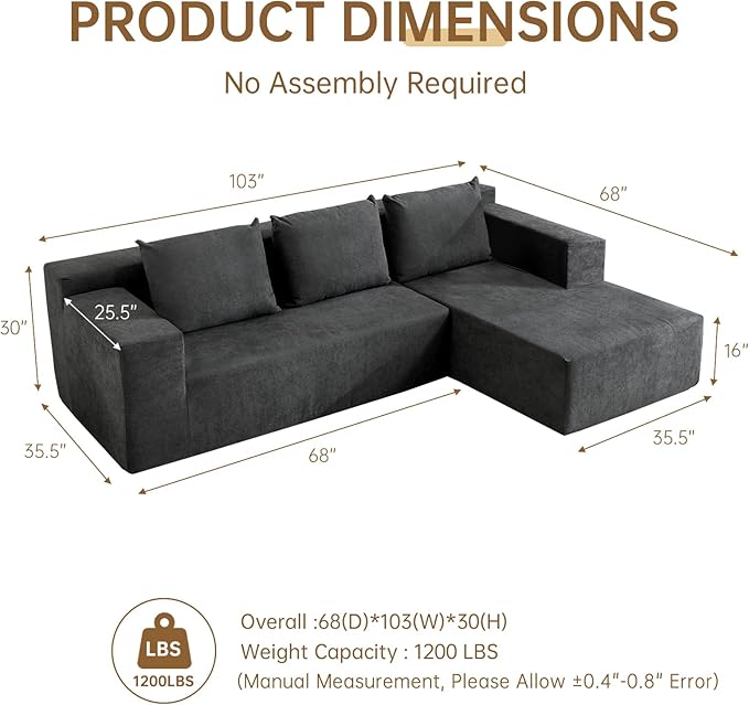 ANONER 103” Cloud Sectional Sofa L-Shaped Boneless Couch, Modern Minimalist Modular Free Combination Foam Sofa with Deep Seat for Living Room, No Assembly Required, Dark Grey