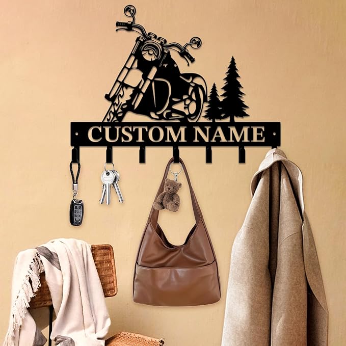 Personalized Custom Name Motorcycle Keys Hooks,Metal Motorcycle Art Clothes Keys Hooks,Metal Motorcycle Lover Wall Home Storage Decorative Keys Hooks,Key Holder Hooks for Wall (Style E)