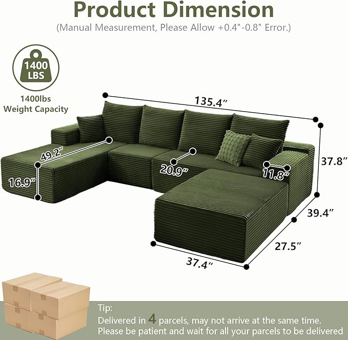 135" L-Shape Sofa with Ottoman, Modern Modular Sectional Comfy U-Shape Cloud Couch, Deep Seat, Upholstered Corduroy Sleeper Chaise Longue for Living Room Bedroom, No Assembly Required, Green