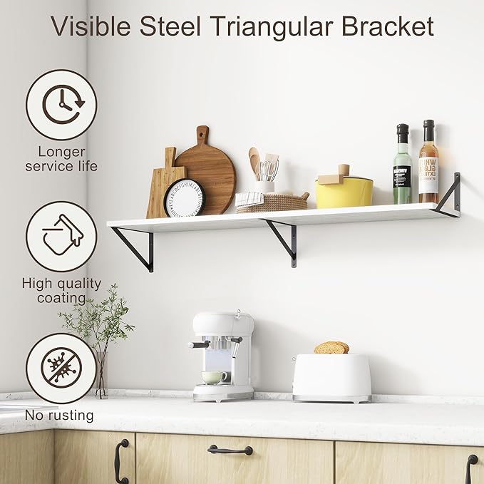 Floating Shelves 48 Inch Long, 10" Deep Floating Shelves, White Wall Shelves 48 x 10, Set of 2, Wide Large Display Storage Shelves for Bathroom, Living Room, Rustic Wood Shelves with Brackets