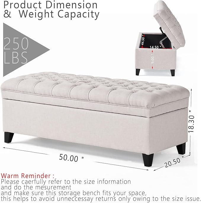 Setawix Linen Storage Benches for Bedroom,50" Bed End Bench with Storage,Tufted Light Grey Storage Ottoman Bench for Living Room,Rectangle Entryway Benches with Storage and Seating (Light Grey, Linen)
