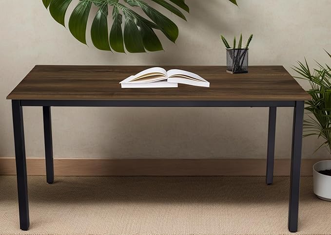 55 inch Large Computer Desk Wood, Modern Simple Style Desk for Home Office, Bedroom, Study Student Writing Desk, Small Spaces, Black Metal Frame, Walnut Top