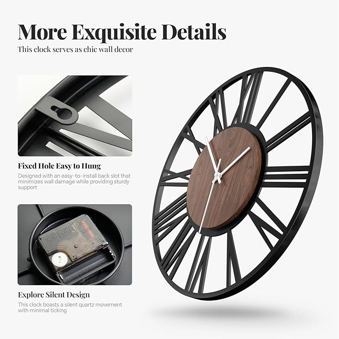 Wall Clock, Modern Clocks for Living Room Decor, 16 inch Wood Walnut Dial Decorative Wall Clock Battery Operated, Non Ticking Silent Black Metal Clock for Bedroom, Kitchen, Office-Roman Numerals