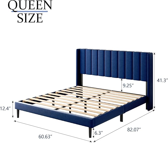 Queen Size Bed Frame with Upholstered Wingback Headboard, Easy Assemnly Platform Bed, Wooden Slat Support No Box Spring Needed, Navy Blue