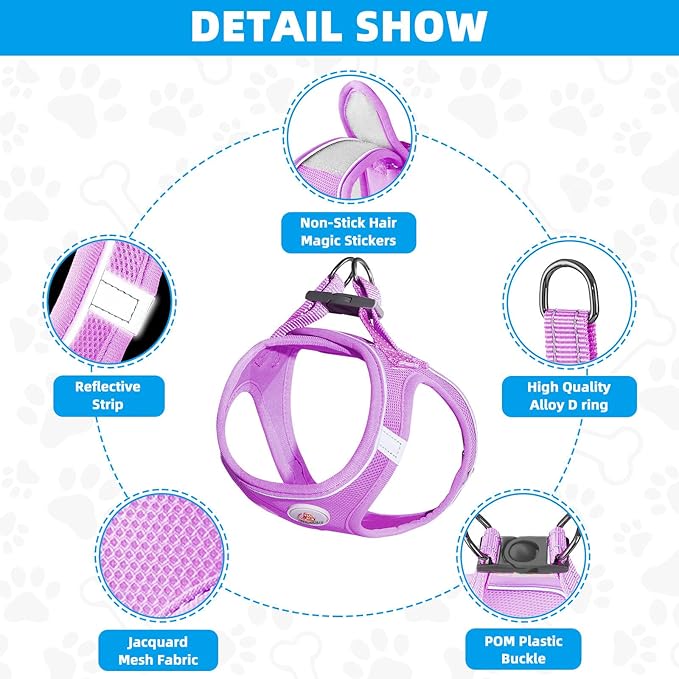 Dog Harness and Leash Set, No Pull Soft Mesh Puppy Harness for Small Medium Dogs, Cats - Step in Reflective Breathable Lightweight Vest Harness for Walking, Training - Purple, M