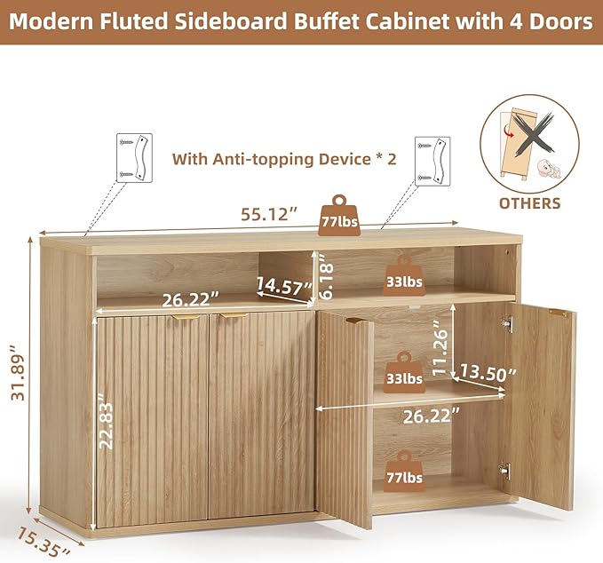 LEYAOYAO Fluted Buffet Cabinet with Storage, 55" Wide Wood Sideboard Credenza with 4 Doors & Open Storage Shelf, Kitchen Entryway Accent Table, Modern Console Cabinets for Dining Room, Natural Oak