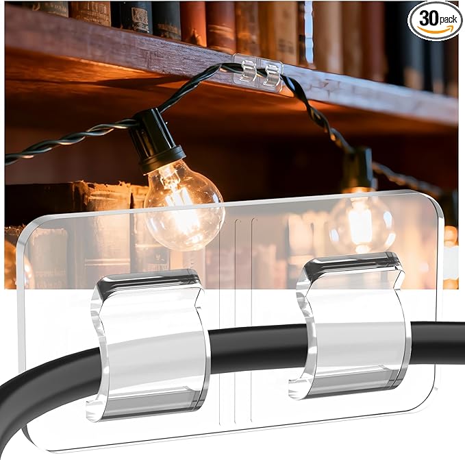 Light Clips Hooks for Outside String Lights, 30 Pcs Adhesive No Drill Light Hangers - Outdoor Patio Balcony Decor Fence - Rope Led Light Strip Christmas Decor Hooks