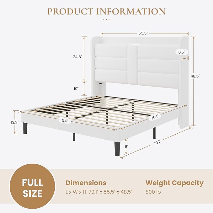 SHA CERLIN Full Size Bed Frame with Charging Station & Storage Headboard, Velvet Platform Bed with Upholstered Modern Wingback Design, Wooden Slats Support, No Box Spring Needed, Easy Assembly, White