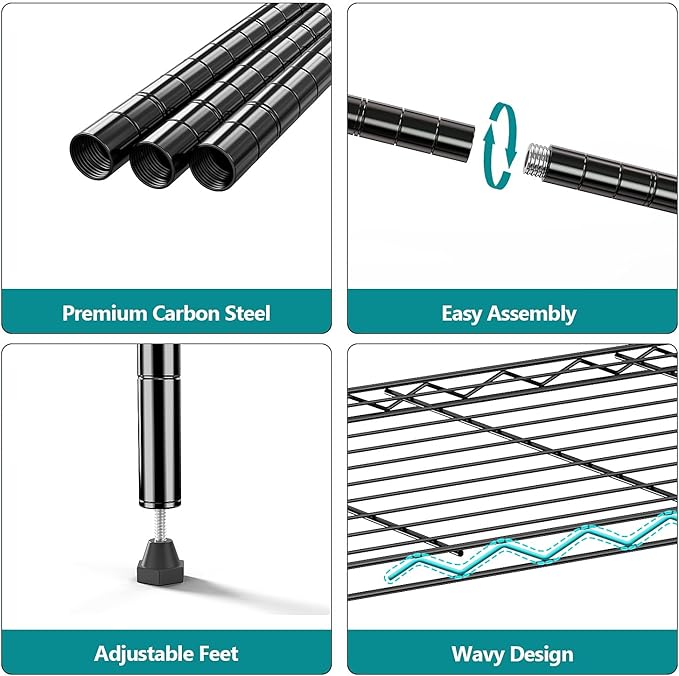 IZEUK 5-Tier Black Metal Storage Shelves, Adjustable Wire Shelving Unit for Kitchen, Bathroom, Pantry, Office, Garage, Organizer Wire Rack, 1250 lbs, 13.7" D x 23.6" W x 53.4" H