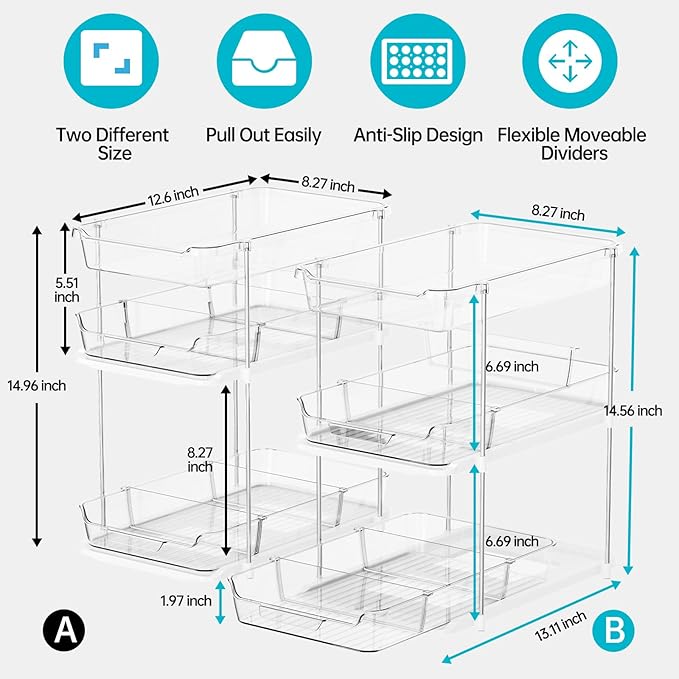 Delamu 2 Sets of 3-Tier Bathroom Under Sink Organizers and Storage, Multi-Purpose Stackable Pantry Organization and Storage, Pull Out Clear Kitchen Bathroom Cabinet Organizer with Movable Dividers