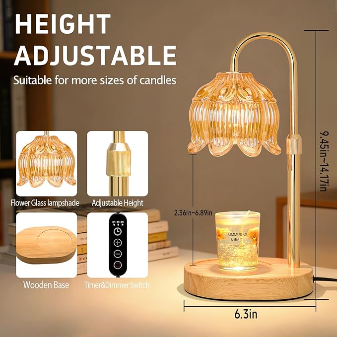 Candle Warmer lamp with Timer Dimmer,Electric Candle Warmer, Vintage Flower Lotus lamp,Compatible with Various Candles, Gifts for Mom Women,Candle Lamp for Bedroom Home Decor (Flower lamp-Amber)