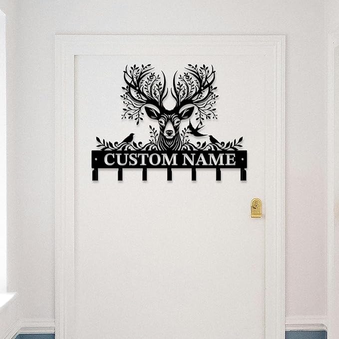Personalized Custom Name Forest Deer Wall Keys Hooks,Metal Forest Deer Art Clothes Hooks,Metal Forest Deer Wall Home Storage Decorative,For Front Door, Hallway, Kitchen, Bedroom,Keys,Hats (Style K)