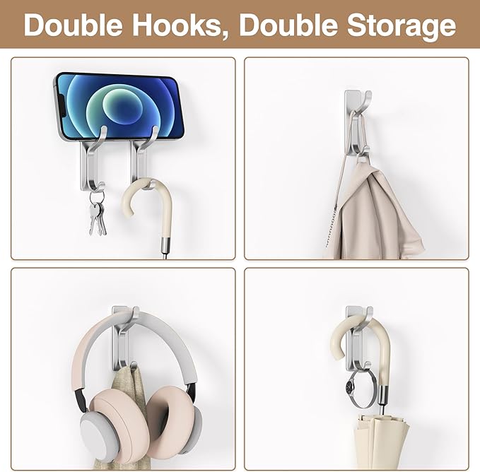 pickpiff 10-Pack Adhesive Wall Coat Hooks - Heavy Duty Stick-On Door Hanger, Metal Hook for Hanging Towel,Purse, Robe, Backpack, Jacket, Clothes - for Bathroom,Dorm, Closet, Kitchen - Silver