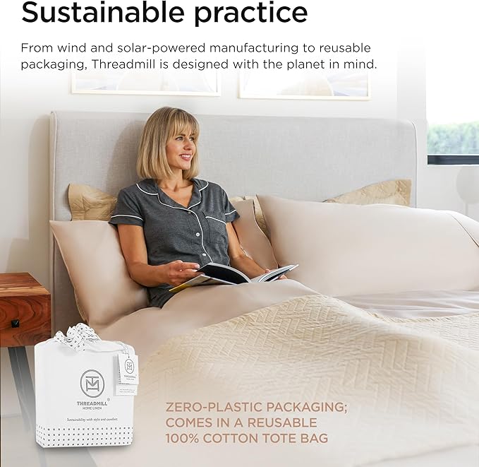 Threadmill 100% Cotton Sheets for Twin XL Size Bed - 600 Thread Count Twin XL Bed Sheets Set with 15” Deep Pocket - Sateen Weave 3-Piece Bedding Set with Cooling Effect, Beige