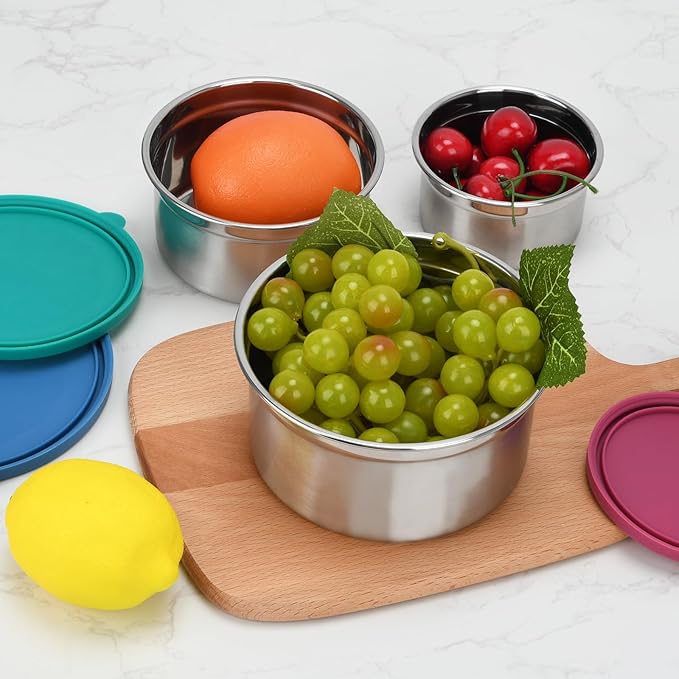 304 Stainless Steel Snack Containers, 3pcs Food Storage Containers with Leakproof Silicone Lids Lunch Box Dressing Containers for Condiments Dishwasher & Freezer Safe
