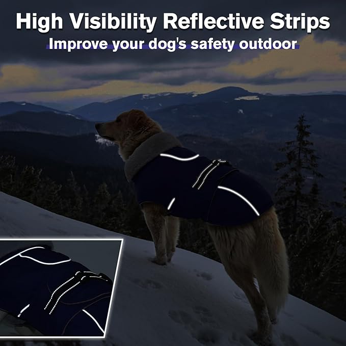 Lelepet Warm Dog Coat Reflective Fleece Vest Waterproof Dog Jacket with Adjustable Buckle Hook & Loop Windproof Cold Weather Coats for Small Medium Large Dogs, Blue, XXL