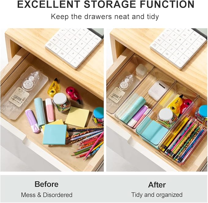 Hudgan 8 Pack Clear Plastic Drawer Organizers Set, Stackable Deep Drawer Organizer for Makeup Vanity and Desk, 2 Sizes Tall Bathroom Drawer Organizer