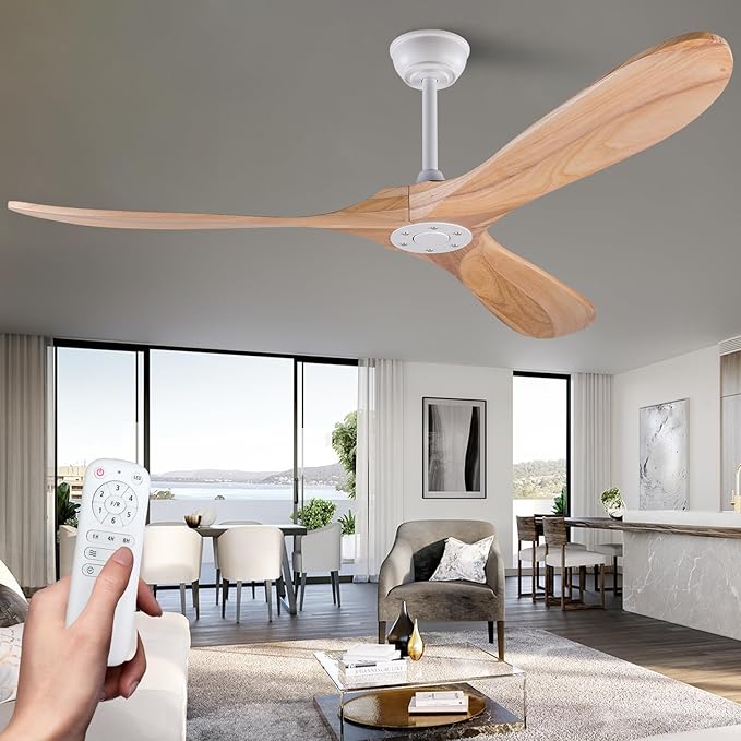 60 Inch Wood Ceiling Fan Without Light, Reversible DC Motor,3 Blades Modern Ceiling Fan no Light with Remote Control for Outdoor Indoor Living Room Farmhouse Patios