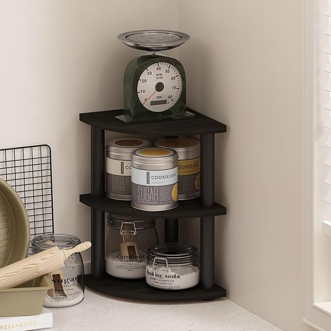 Furinno Turn-N-Tube Kitchen Countertop Organizer, 3-Tier Corner Countertop Organizer Shelf, Corner Shelf, for Kitchen, Pantry, Organizers and Storage, Espresso