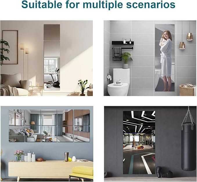 12 Pack 10x10 Inch Wall Mirror, Acrylic Mirror Tiles for Wall, Large Shatterproof Full Length Mirror, Self-Adhesive Plastic Sheets for Home Gym, Bedroom, Workout Room