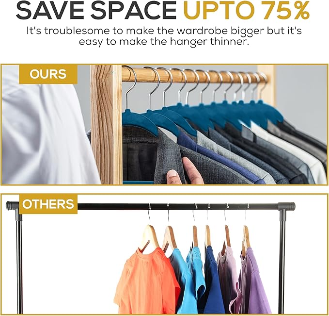 Premium Velvet Hangers 50 Pack Ultra Thin Non Slip Adult Felt Space Saving Slim Suit Hanger for Closet Heavy Duty Coat Pants Jackets Dress Hangers 360° Swivel Hook Hold Upto 10 lbs Blue