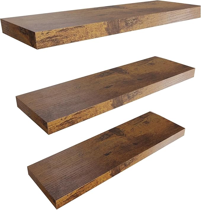 Floating Shelves for Wall Set of 3, 24in Hanging Shelf for Books, Storage, Room Decor, Rustic Wood Wall Mounted Shelves for Bathroom, Toilet, Bedroom, Living Room, Kitchen, Office, Rustic Brown