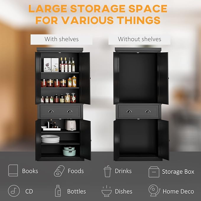 HOMCOM 72.5" Kitchen Pantry Cabinet, Traditional Freestanding Storage Cabinet with 4 Doors, Drawer and 3 Adjustable Shelves for Dining Room, Black