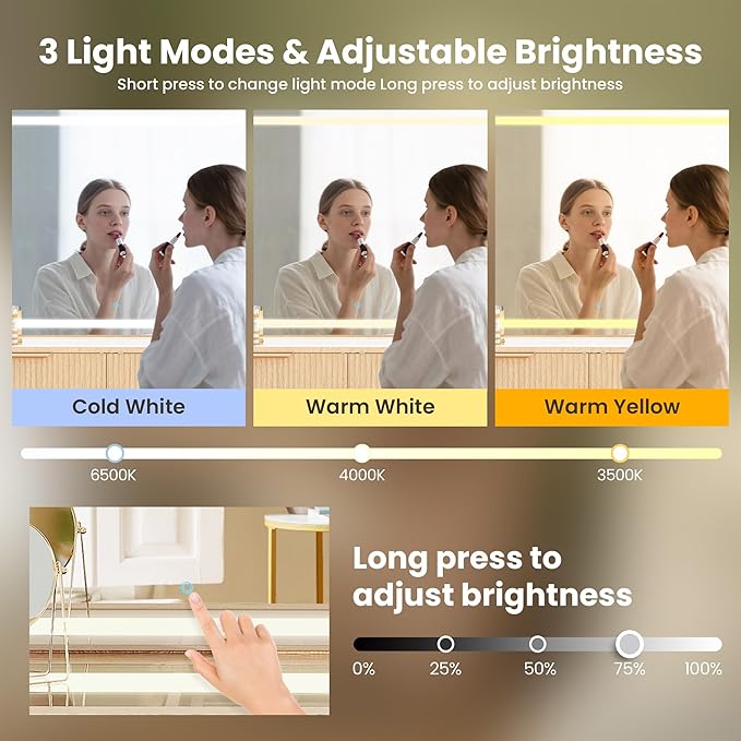 Fluted Makeup Vanity Desk with Mirror and Lights, 5 Drawers Glass Top Makeup Vanity with 4 Storage and 9-Grid Organizer, 3 Color Ribbed Glass Dressing Table with Charging Station, Light Oak