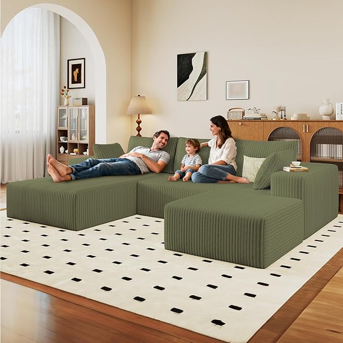 96" U-Shape Cloud Couch, Modern Modular Sectional L-Shape Sofa with Ottoman, Corduroy Upholstered Couches Deep Seat Sleeper Chaise Longue for Living Room, No Assembly Required(Green, Left Facing)