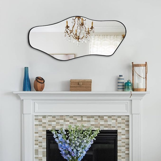 Irregular Wall Mirror, Asymmetrical Mirrors with Metal Frame, 40"x18" Cloud Shaped Mirror Decorative, Modern Abstract Mirrors for Living Room Bathroom Bedroom Hallway Entryway Fireplace