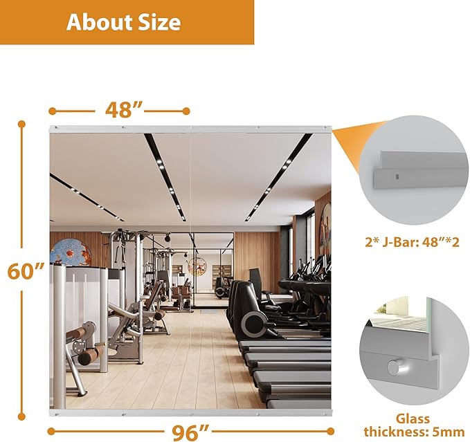 ROOMTEC Home Gym Mirror 60"x48" 2-Pack, Frameless Wall-Mounted Full Length Tempered Glass, for Home Yoga, Dance Studio, Workout Room & Office