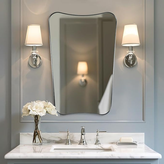 ANDY STAR Chrome Bathroom Mirror 24x36, Bathroom Mirror for Over Sink, Polished Chrome Wall Mirror with Unique Curved Design, Rust-Proof Stainless Steel 1’’ Frame