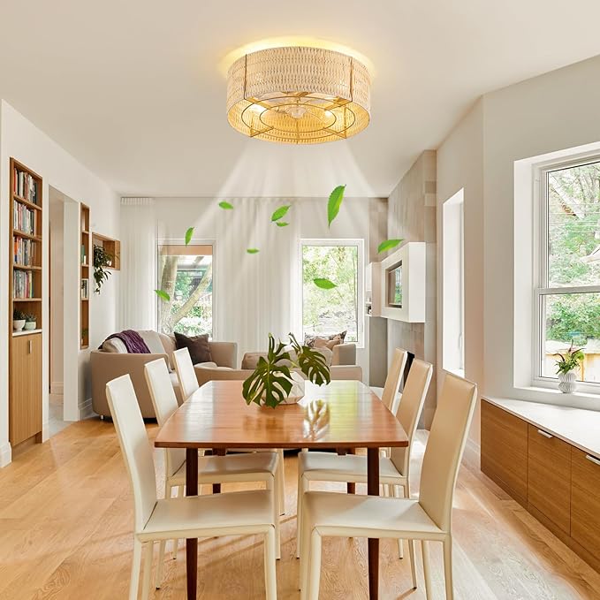 Boho Ceiling Fan with Light, Rattan Fandelier Flush Mount with Remote, Reversible Motor, Enclosed Low Profile Wicker Cage,Farmhouse Caged Ceiling Fans for Bedroom, Living Room, Kitchen