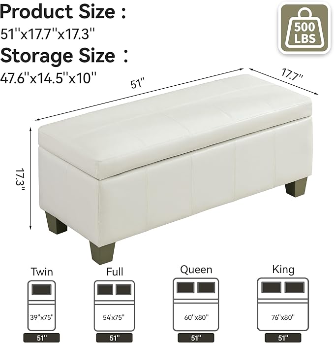 51" Faux Leather Storage Ottoman, Stitch Tufted Rectangle Upholstered End of Bed Storage Bench, Entryway Large Couch Ottoman with Wooden Legs,White