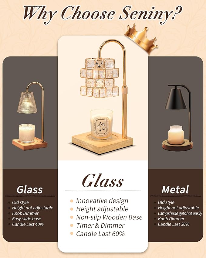 Seniny Electric Candle Warmer Lamp - with Time Dimmable Adjustable Height Candle Lamp Warmer for Jar Candles,Christmas Wax Melt Wamer, Birthday Gifts for Women Mom, House Warming Gifts New Home Decor