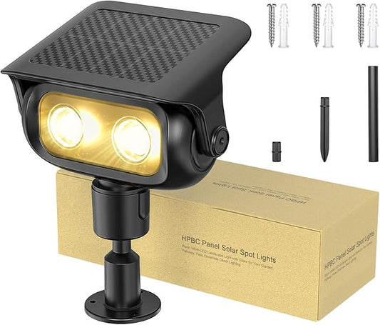 Solar Spotlight Outdoor, Warm White Stake Landscape Light with Dual Brightness, Fast-Charge HPBC Solar Panel, LiFePO4 Battery, IP67 Waterproof 2-in-1 Yard, Garden, Pathway Light
