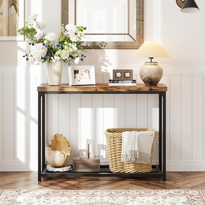 32" Small Console Table, 2-Tier Narrow Entryway Table, Sofa Table with Mesh Shelves, Console Tables for Living Room, Hallway, Entryway, Farmhouse Console Table with Storage, Rustic Brown