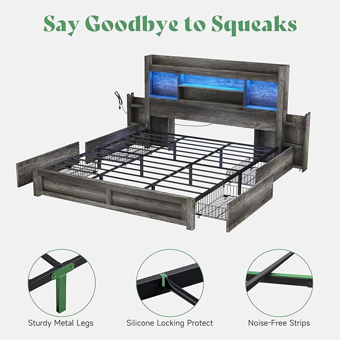 AMERLIFE King Size Bed Frame with 4 Storage Drawers, LED Bed Frame with 49“ Tall Bookcase Headboard, Wood Platform Bed with Charging Station & 2 Slide Bedside Shelf, No Box Spring Needed/Rustic Grey