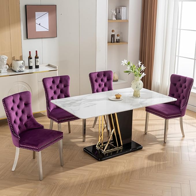 Luxury Upholstered Dining Chairs Set of 6, Purple Kitchen Chair with Silver Metal Legs, Velvet Tufted Back Dining Chair, Sillas de Comedor, Modern Kitchen & Dining Room Chairs (Purple, 6 Pcs)