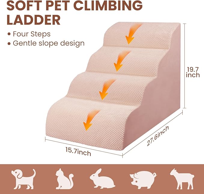 Dog Stairs for Small Dogs, High Density Foam Dog Steps, Extra Wide Non-Slip Pet Ramp for High Beds Or Couch, Soft Doggie Ladder for Dogs Injured, Older Pets, Small Cats, 4 Steps, Pink