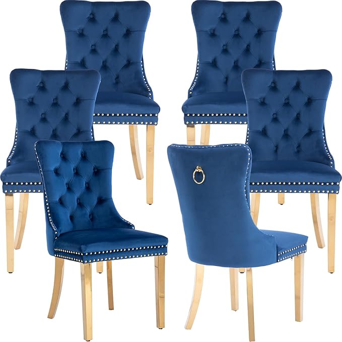 Luxury Upholstered Dining Chairs Set of 6, Blue Kitchen Chair with Golden Metal Legs, Velvet Tufted Back Dining Chair, Sillas de Comedor, Modern Kitchen & Dining Room Chairs (Blue, 6 Pcs)
